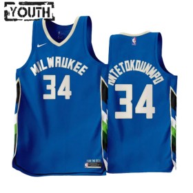 Maillot Basket Enfant Milwaukee Bucks Giannis Antetokounmpo 34 2022-23 Nike City Edition Bleu Swingman